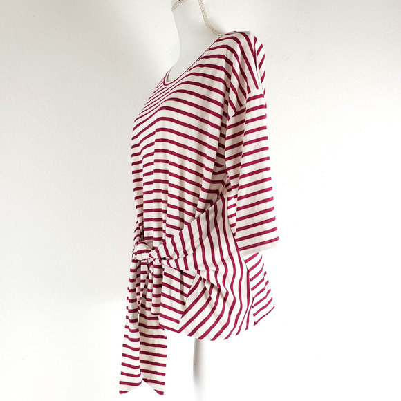 NEW! Express One Eleven SIZE M Red Pink White Stripe Tie Front Blouse 3/4 Sleeve - Picture 3 of 11